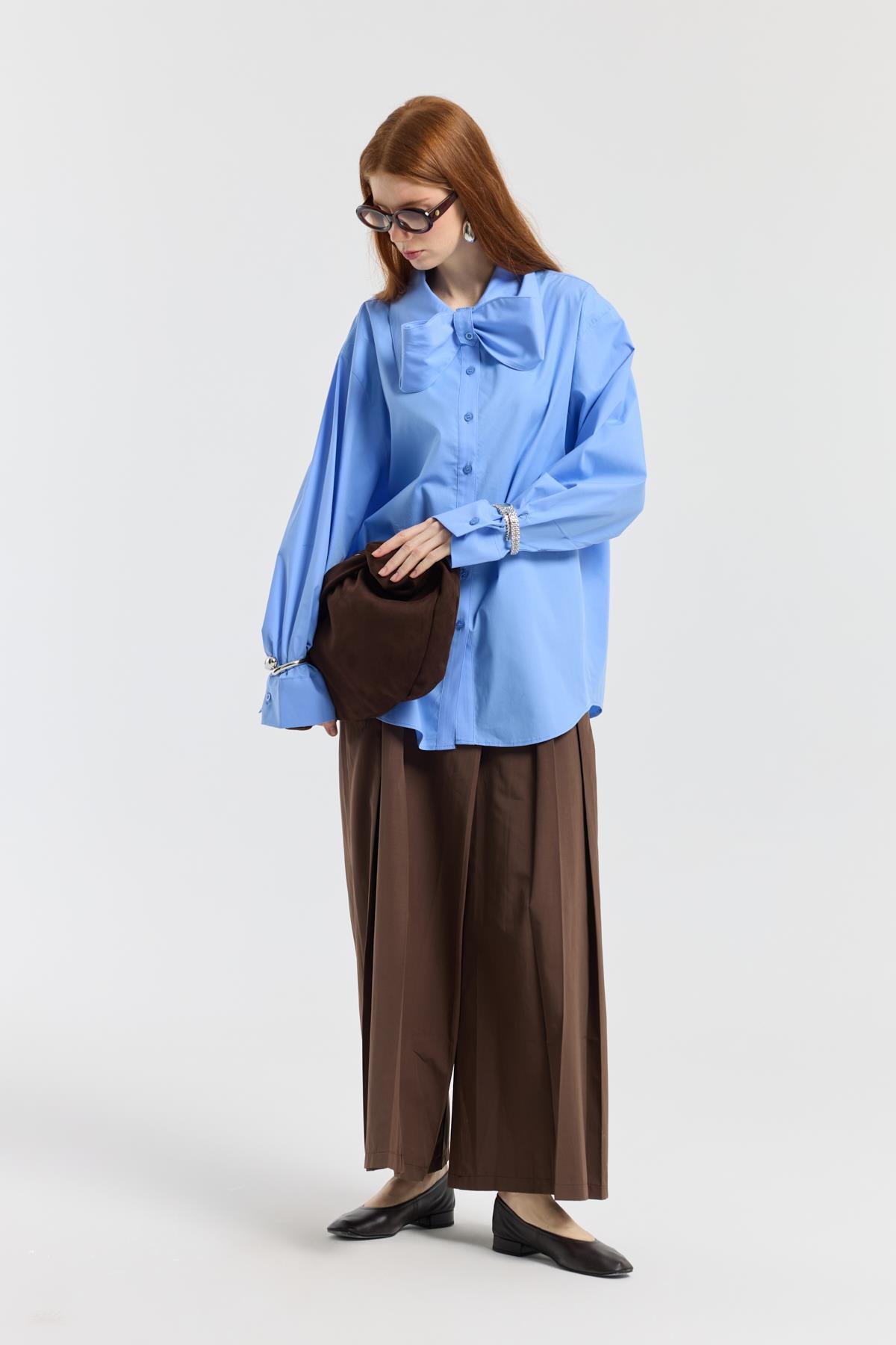 Kravatlı Poplin Gömlek - Mavi