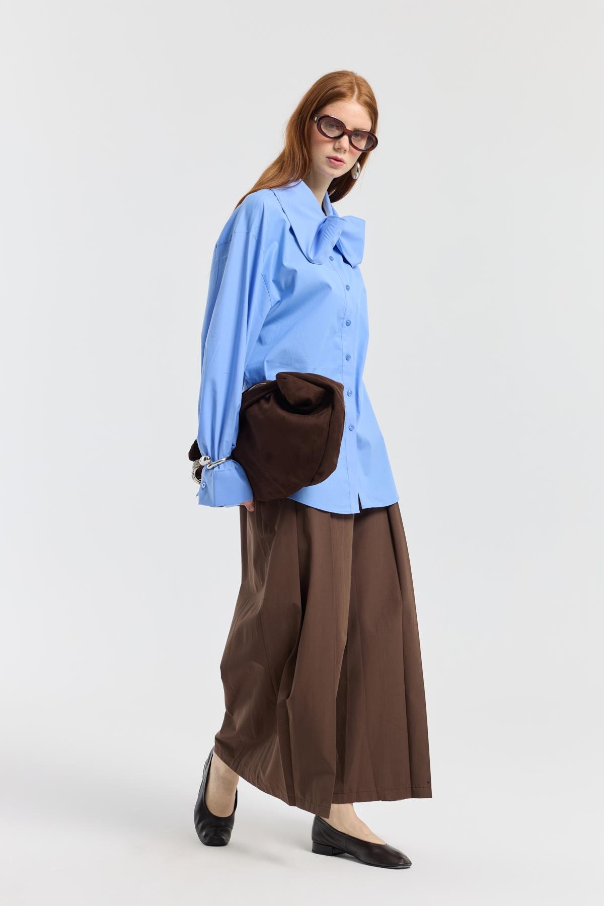 Kravatlı Poplin Gömlek - Mavi