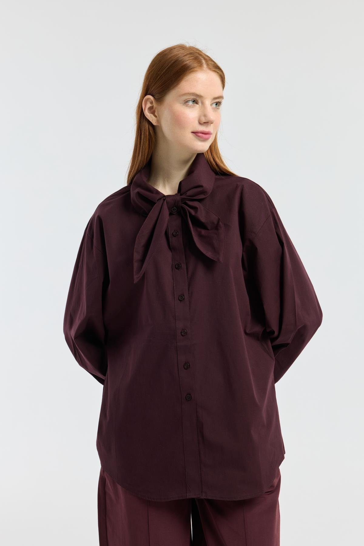 Kravatlı Poplin Gömlek - Mürdüm