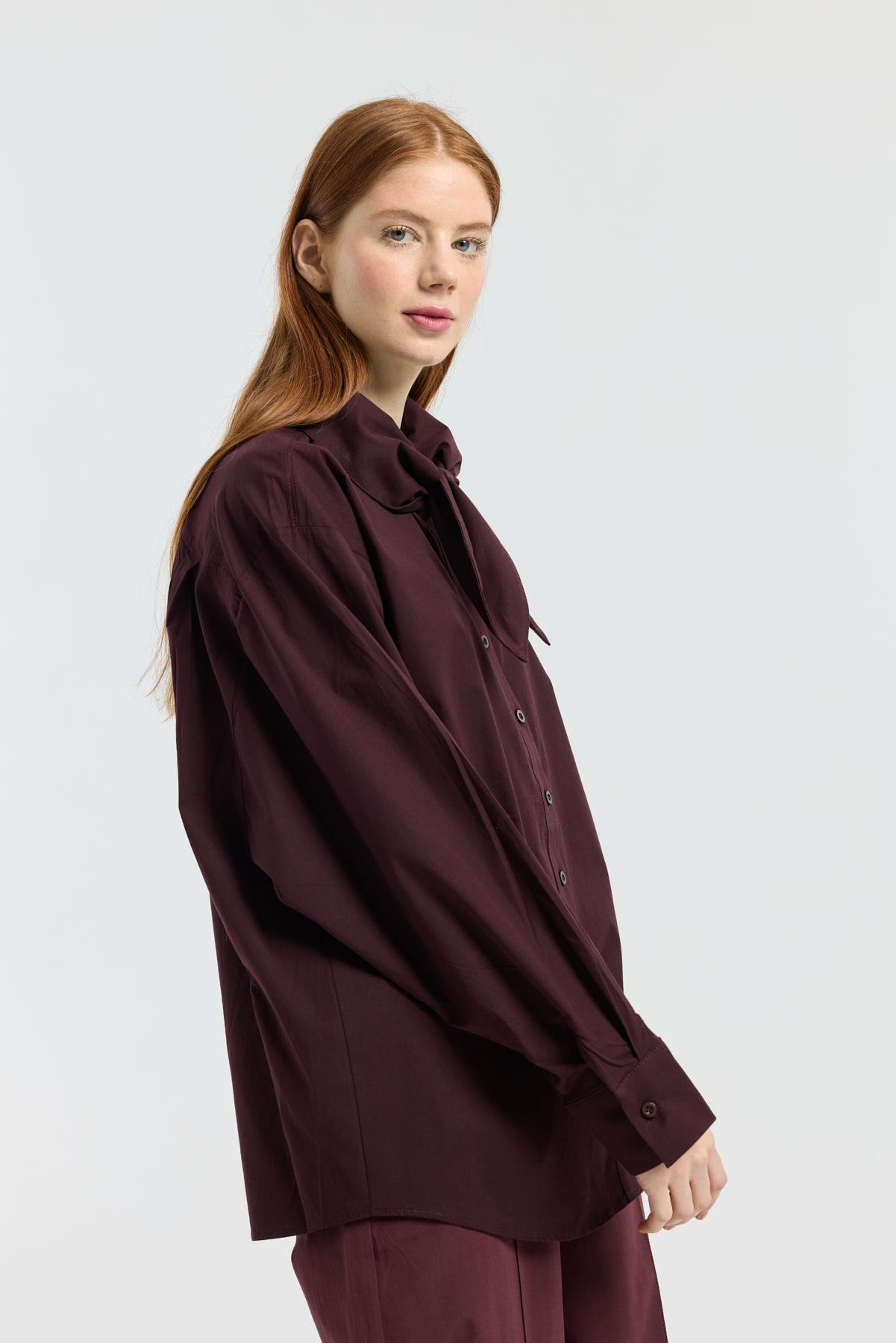 Kravatlı Poplin Gömlek - Mürdüm