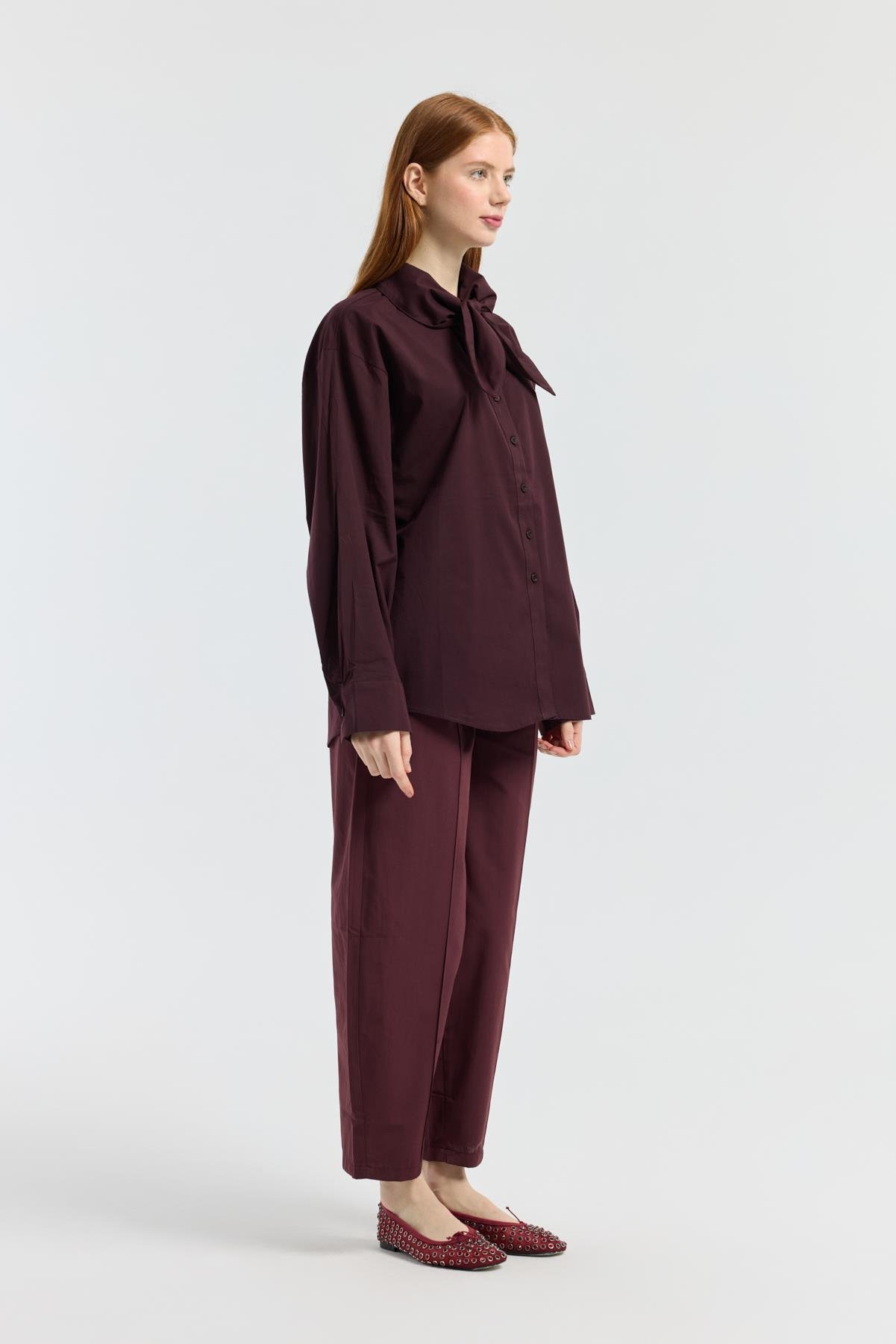 Kravatlı Poplin Gömlek - Mürdüm