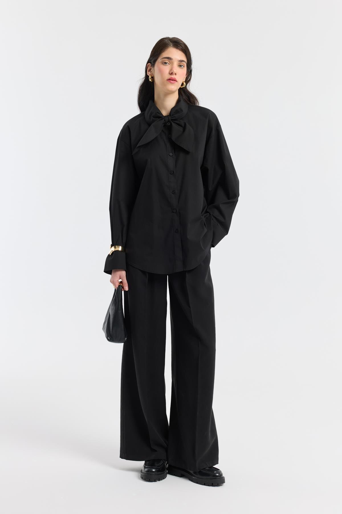 Kravatlı Poplin Gömlek - Siyah