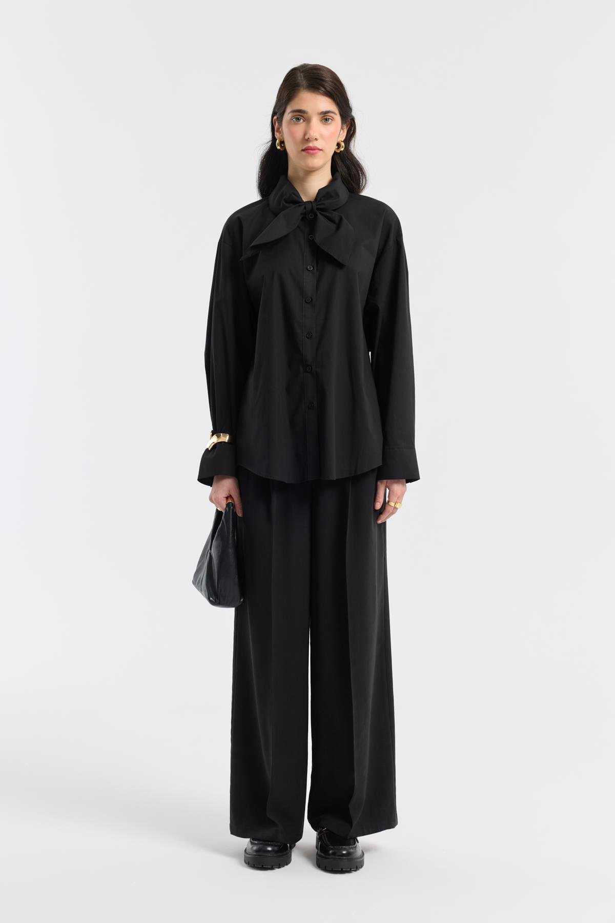 Kravatlı Poplin Gömlek - Siyah