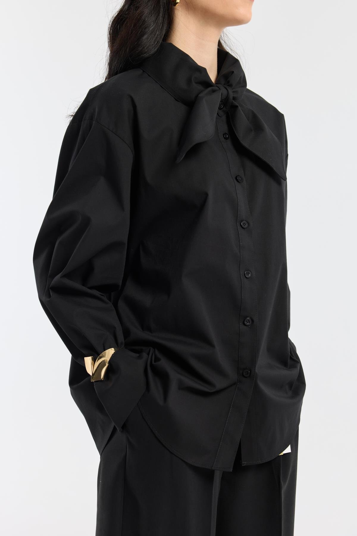 Kravatlı Poplin Gömlek - Siyah