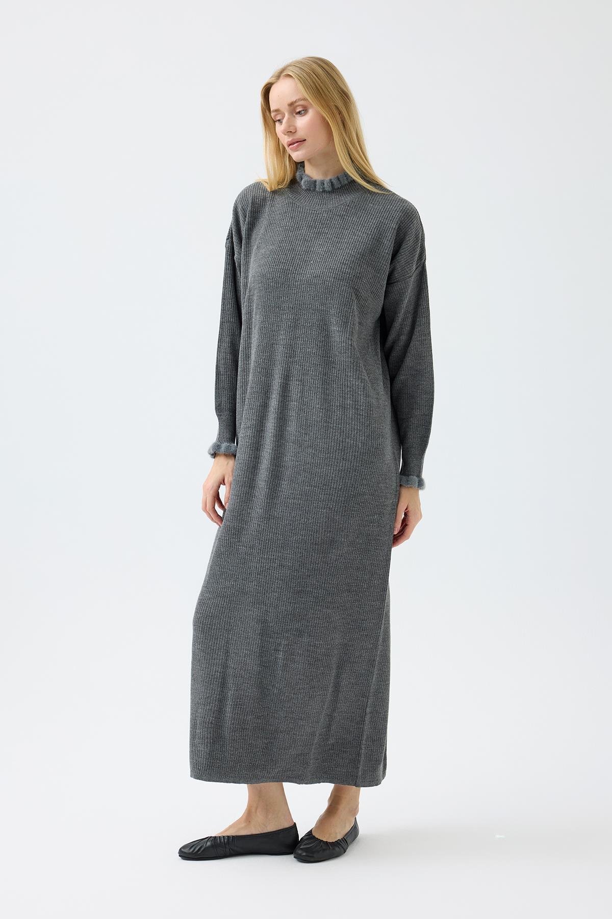 Laura Fitilli Tüylü Elbise - Antrasit 