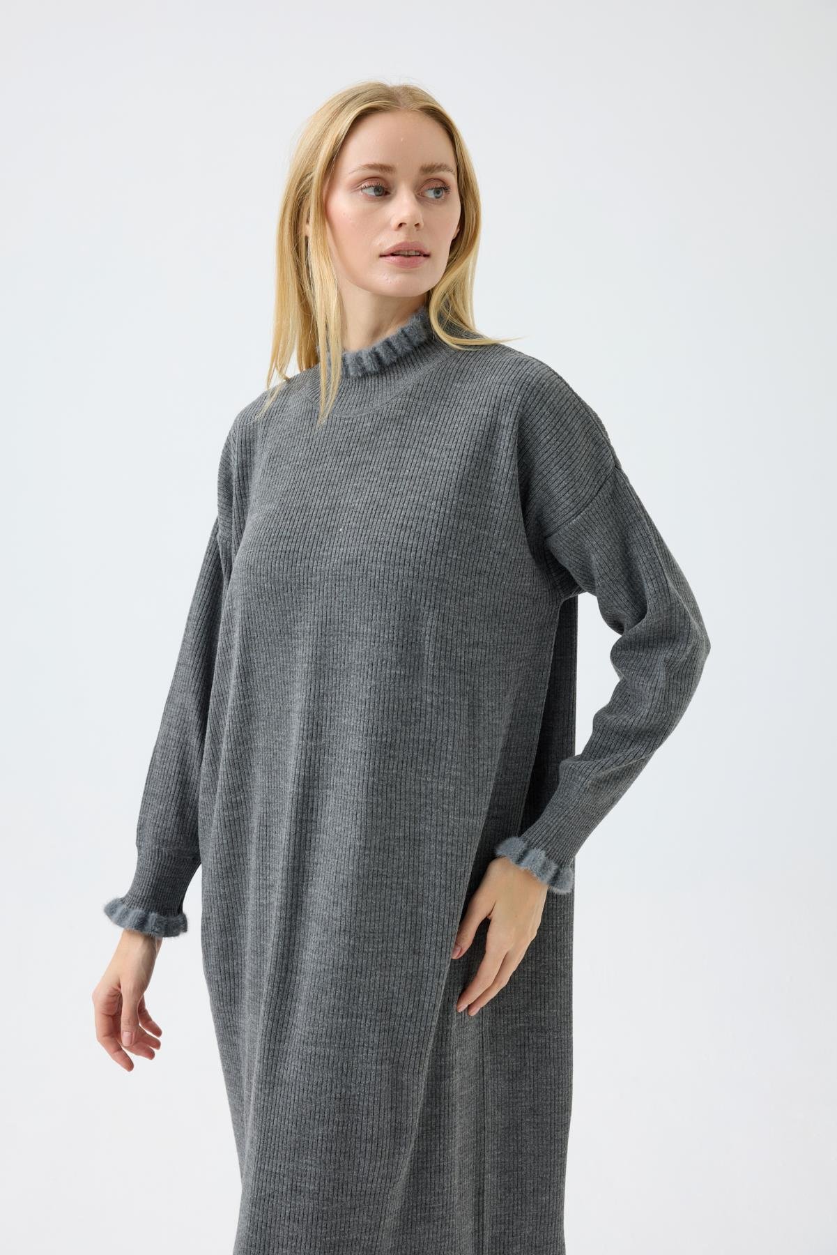 Laura Fitilli Tüylü Elbise - Antrasit 