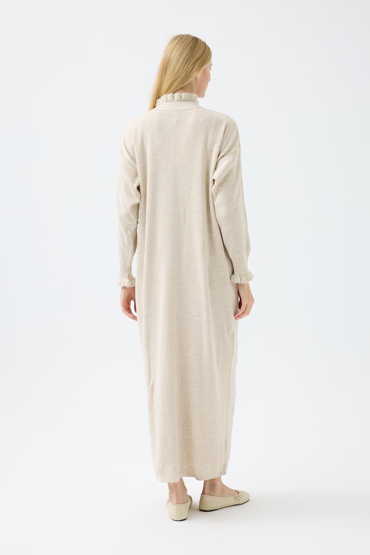 Laura Fitilli Tüylü Elbise - Bej 