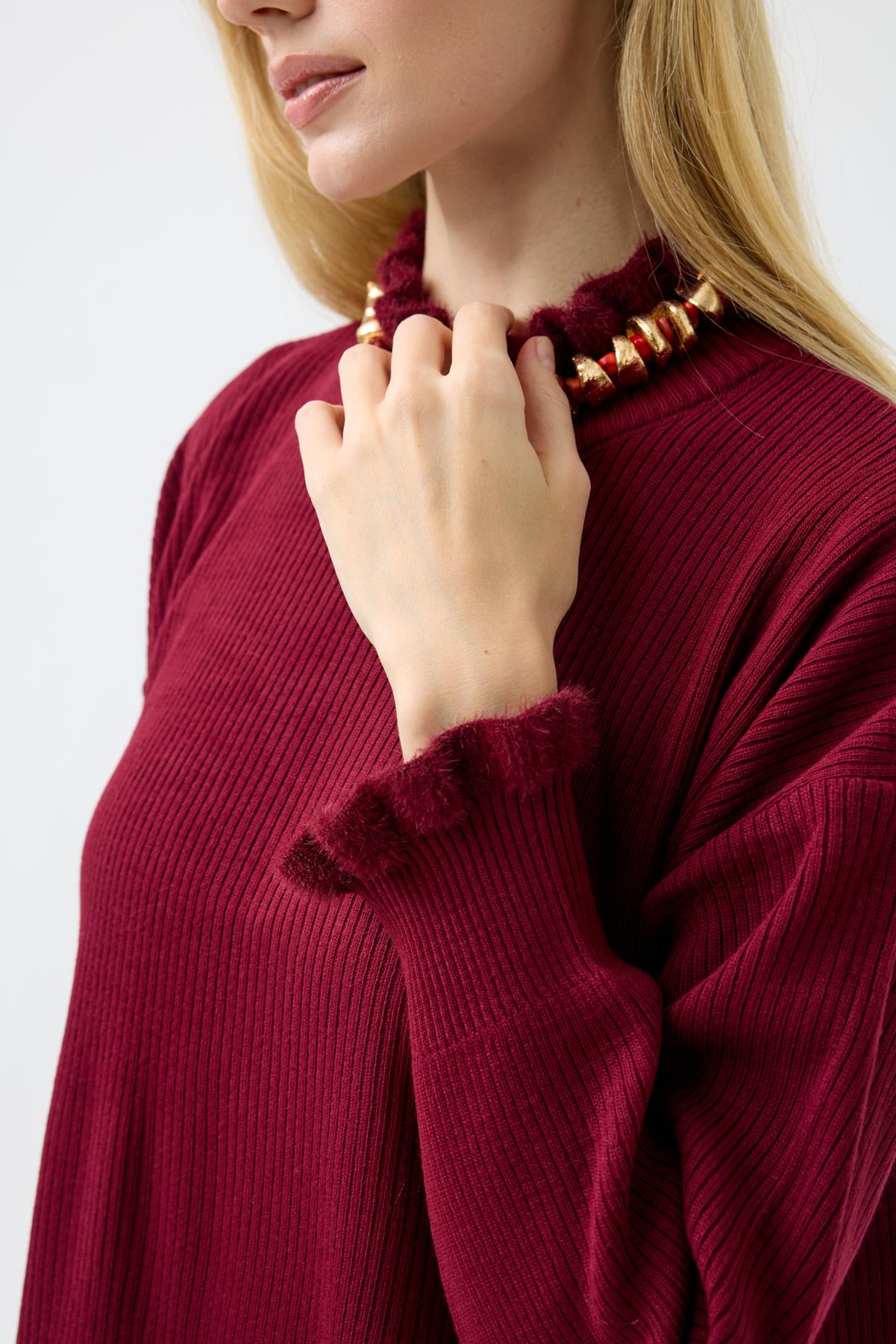 Laura Fitilli Tüylü Elbise - Bordo 