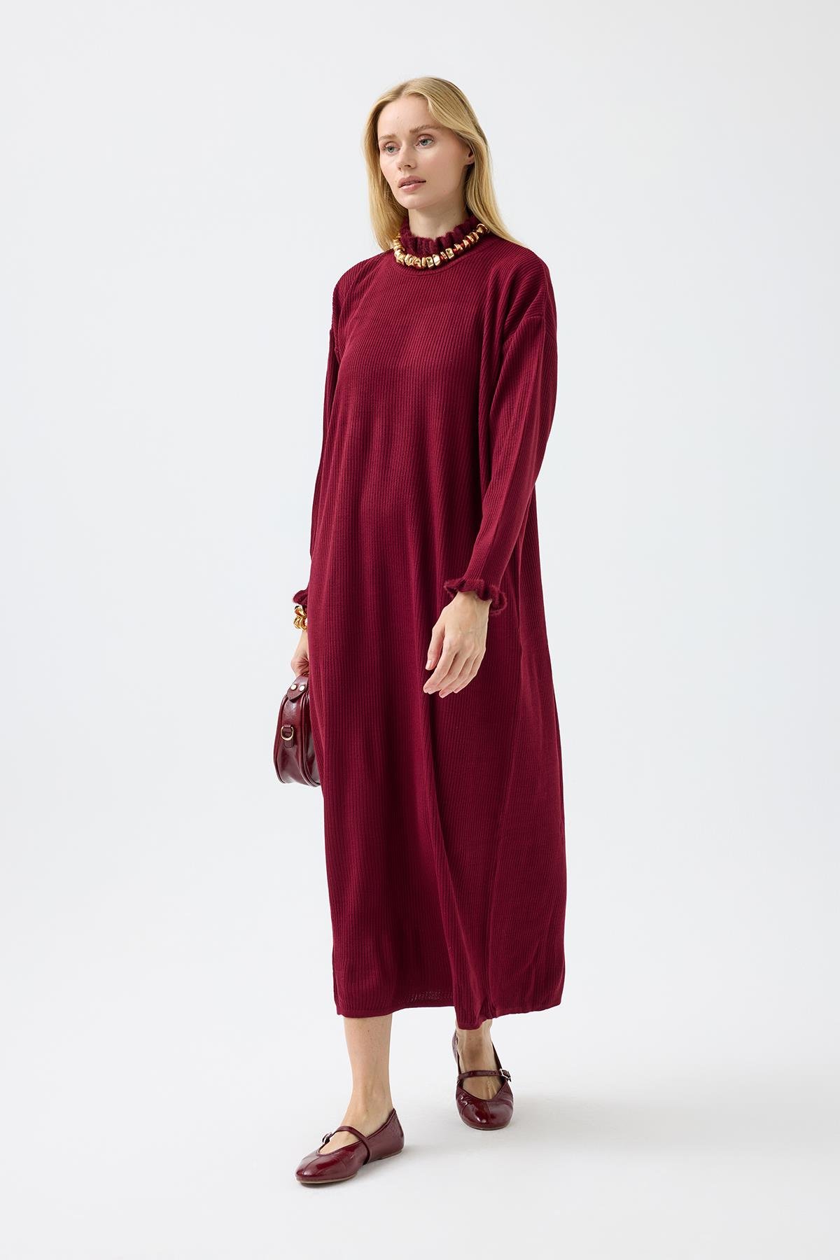 Laura Fitilli Tüylü Elbise - Bordo 