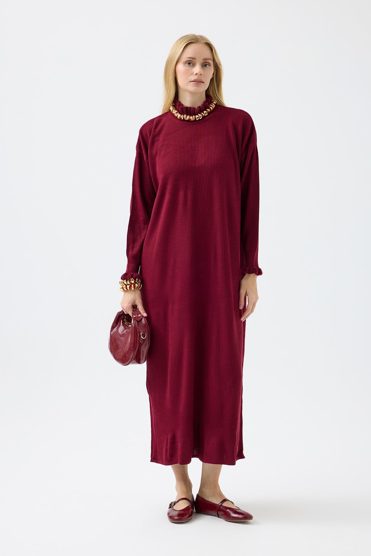 Laura Fitilli Tüylü Elbise - Bordo 