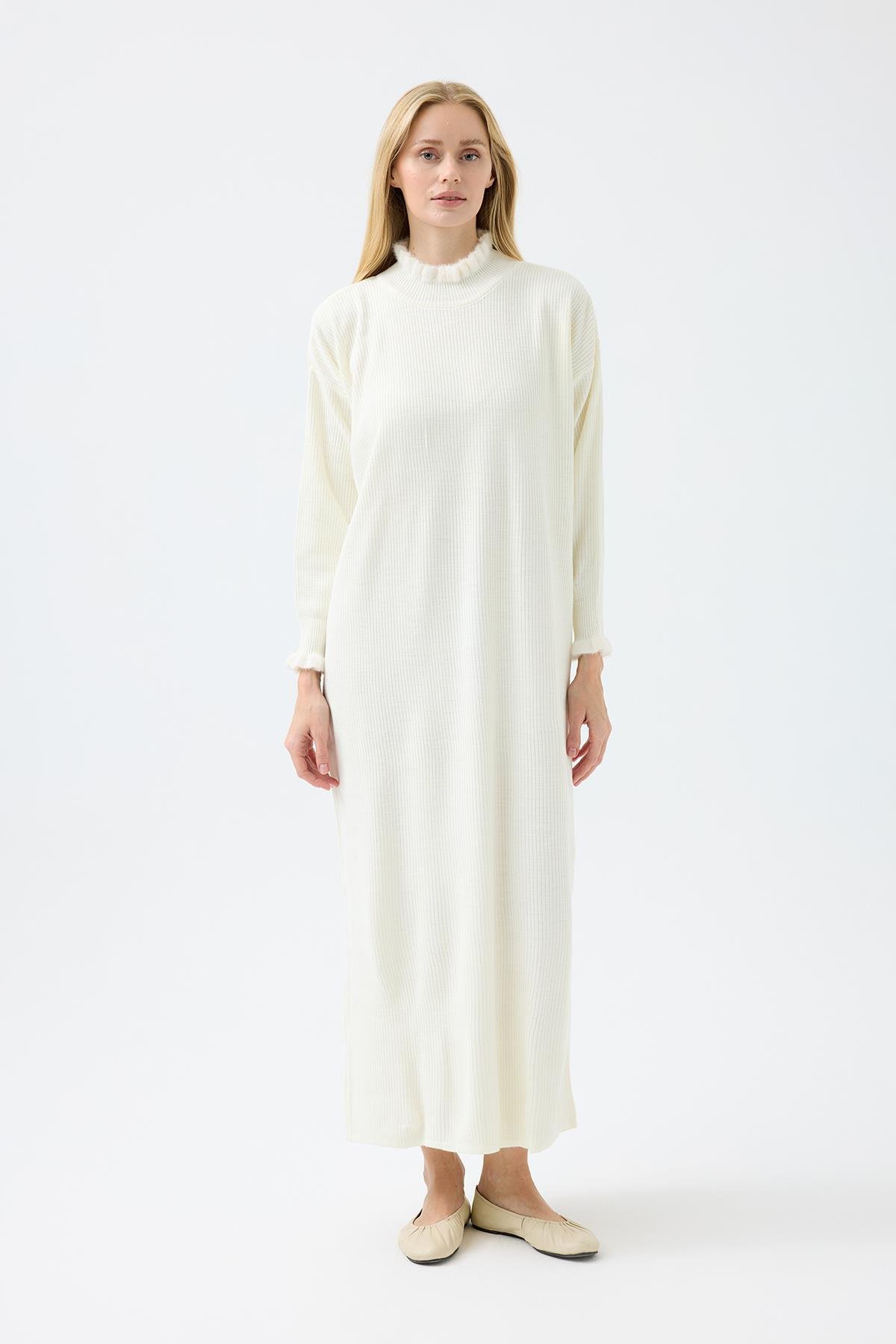 Laura Fitilli Tüylü Elbise - Ekru 