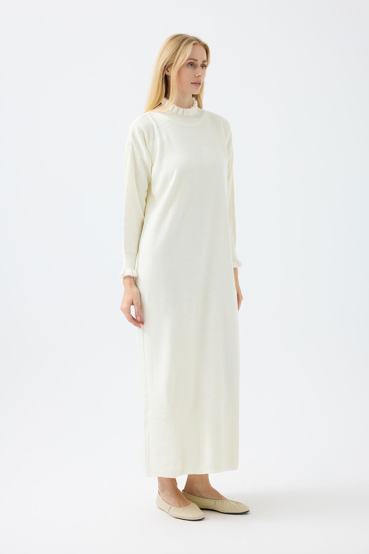 Laura Fitilli Tüylü Elbise - Ekru 