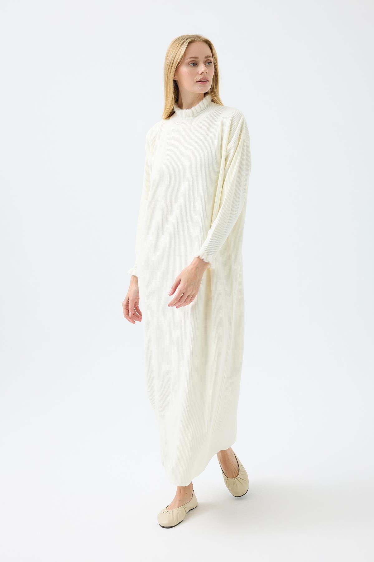 Laura Fitilli Tüylü Elbise - Ekru 