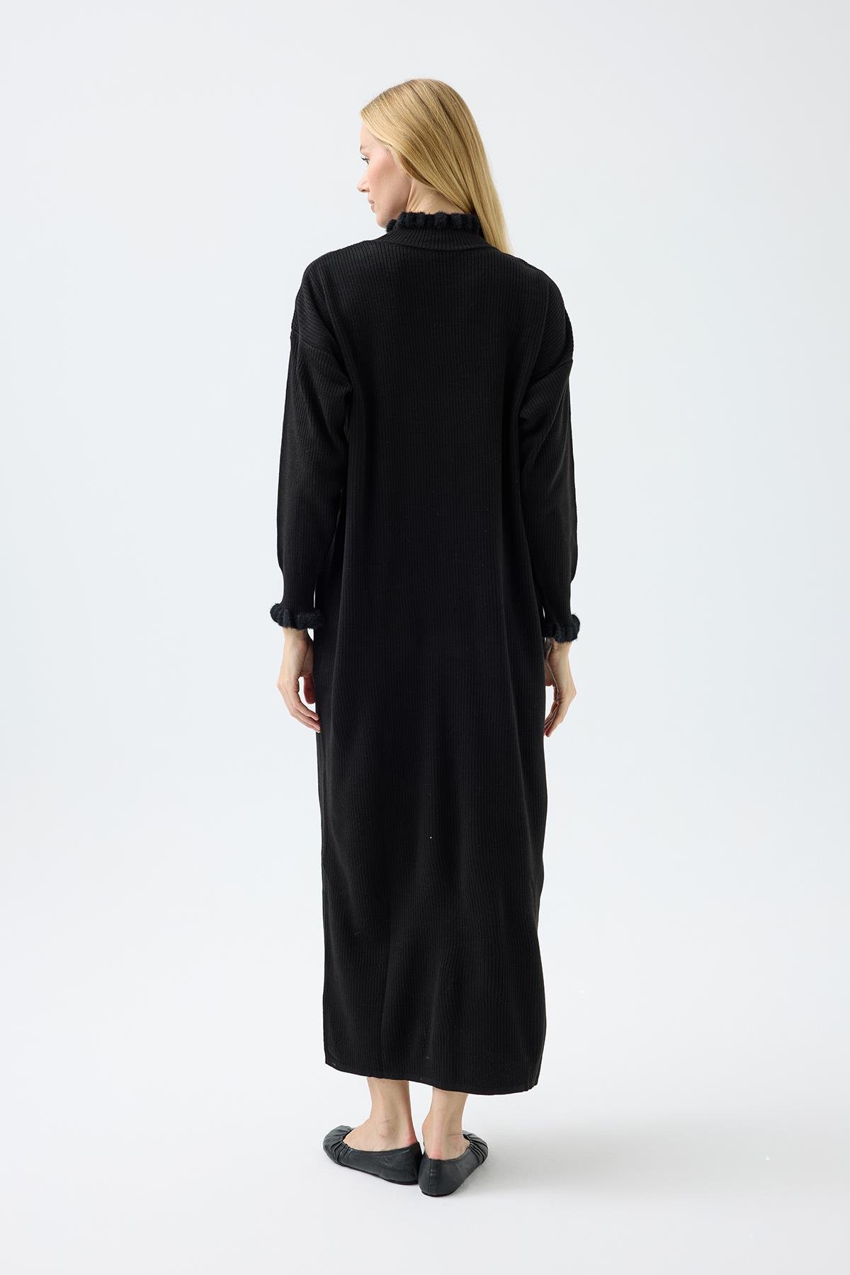 Laura Fitilli Tüylü Elbise - Siyah