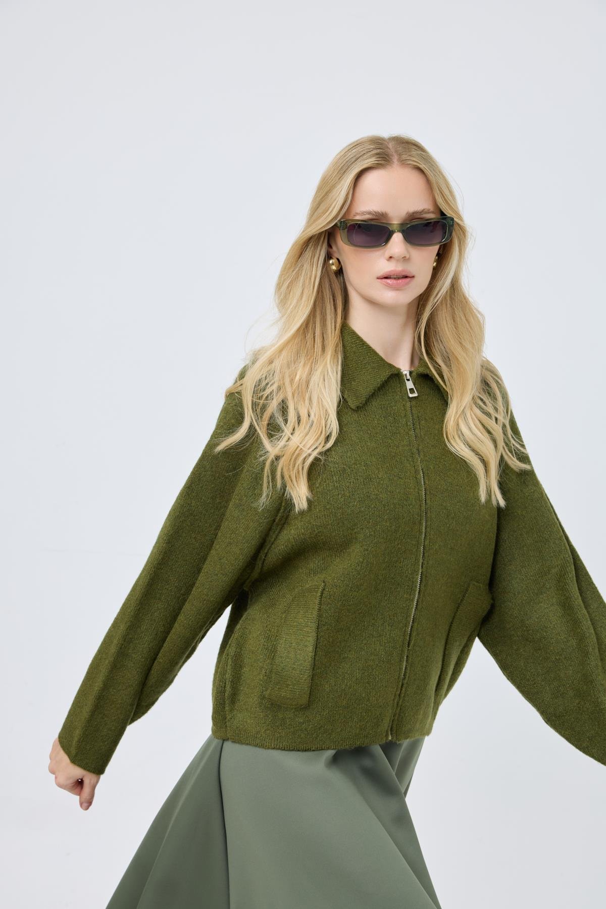 Lauren Fermuarlı Bomber Triko Hırka - Haki 