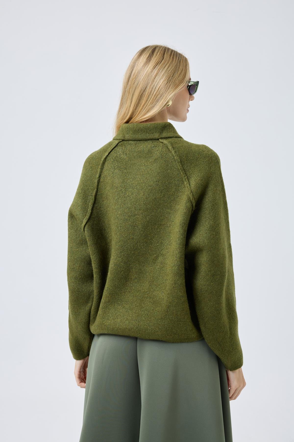 Lauren Fermuarlı Bomber Triko Hırka - Haki 