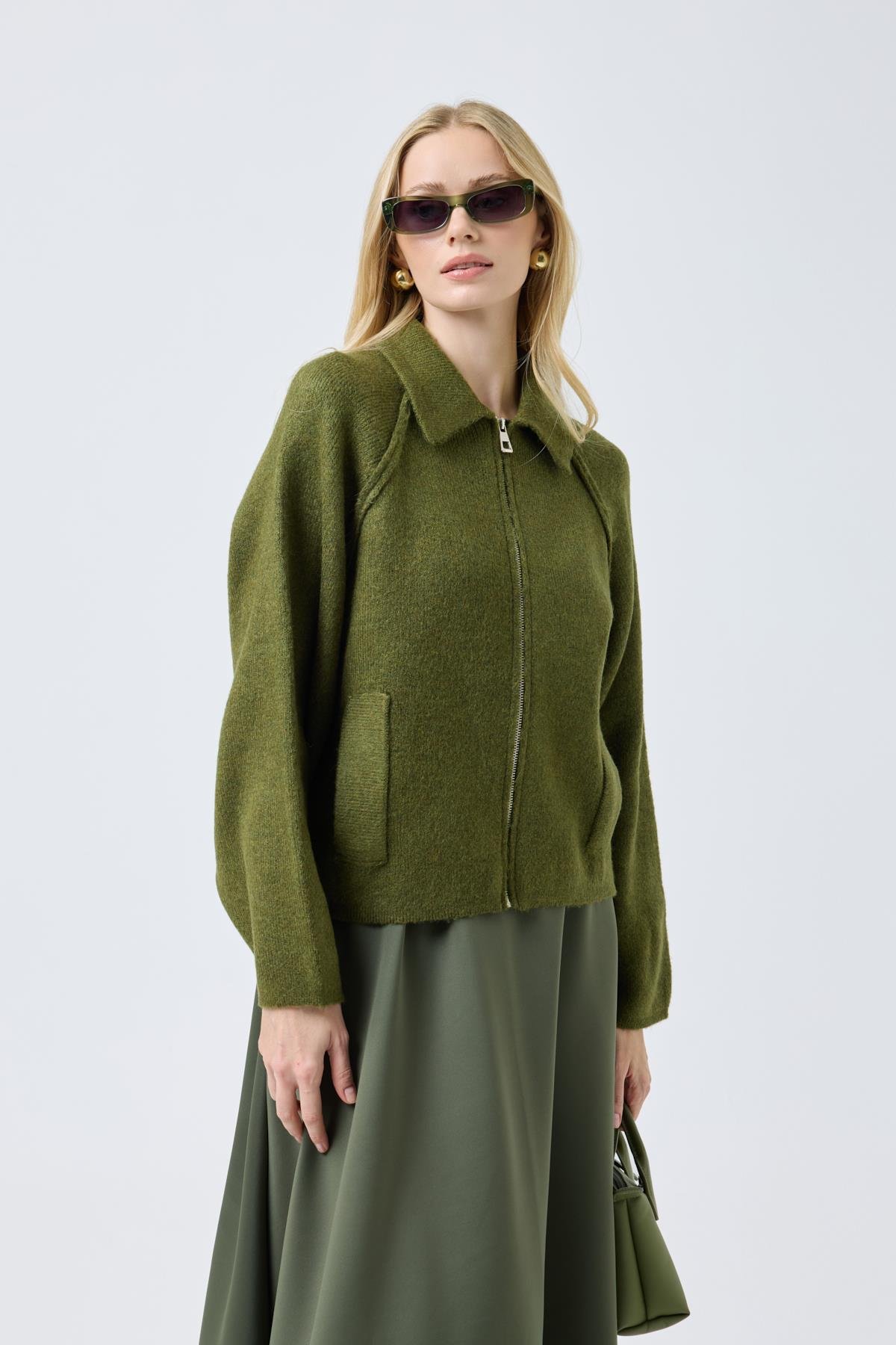 Lauren Fermuarlı Bomber Triko Hırka - Haki 