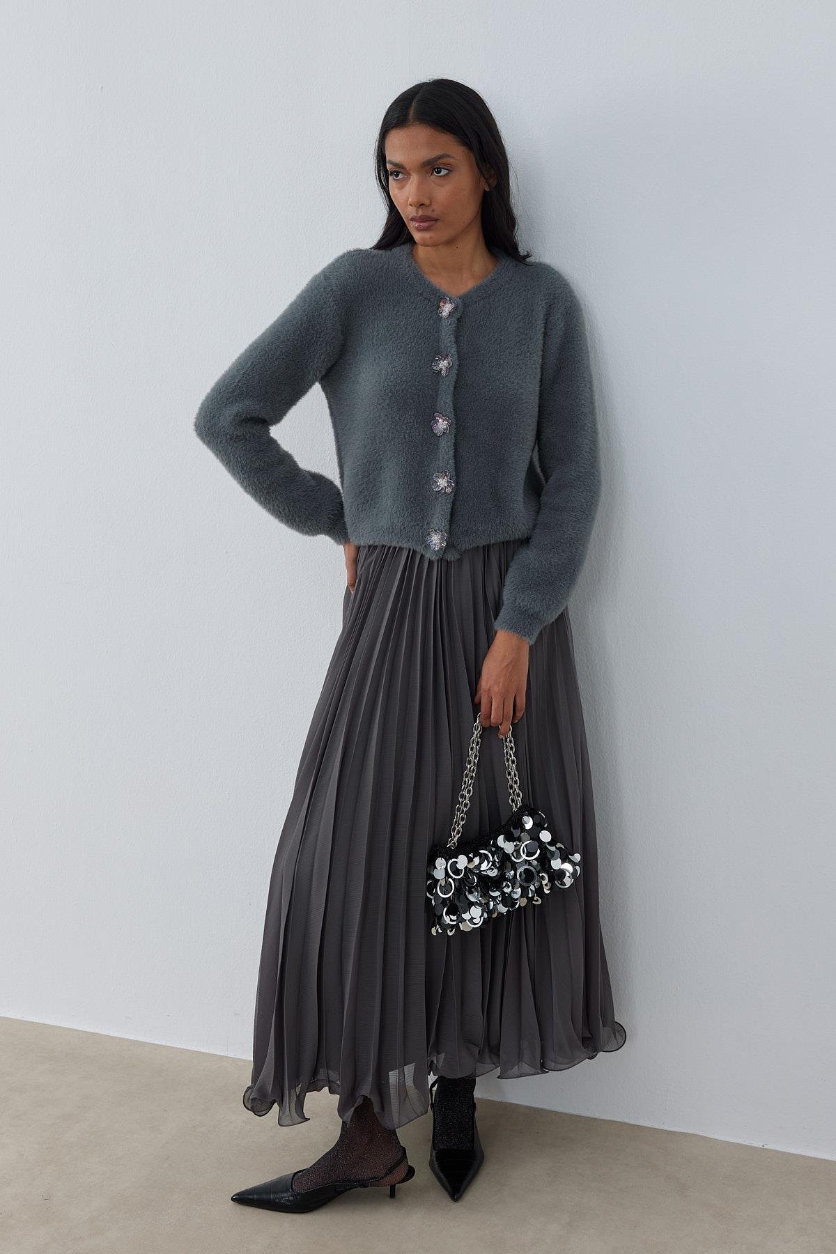 Layla Aksesuar Düğmeli Peluş Hırka - Antrasit