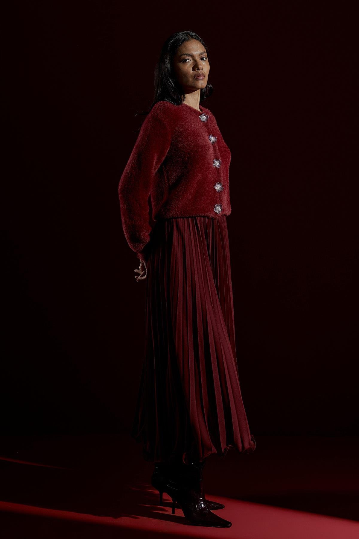 Layla Aksesuar Düğmeli Peluş Hırka - Bordo