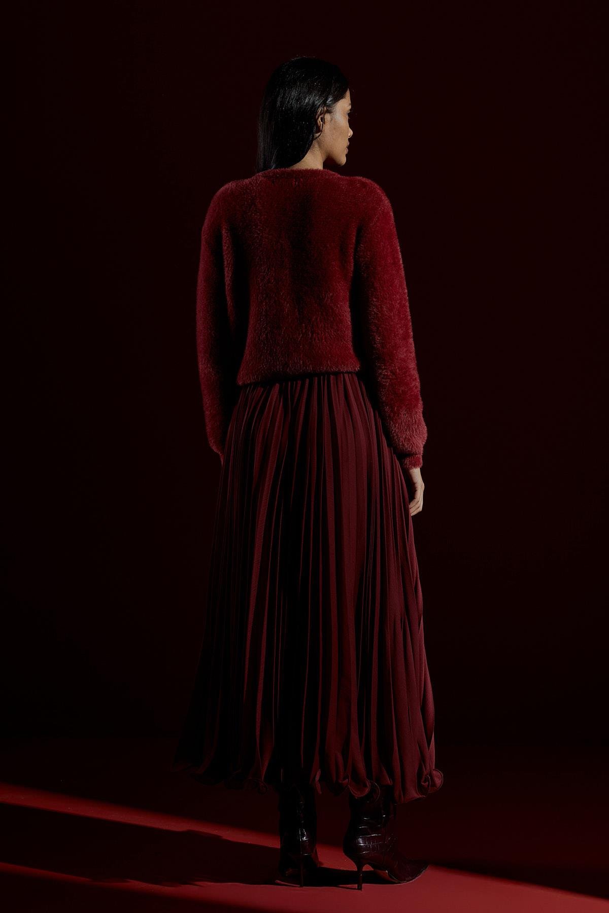 Layla Aksesuar Düğmeli Peluş Hırka - Bordo