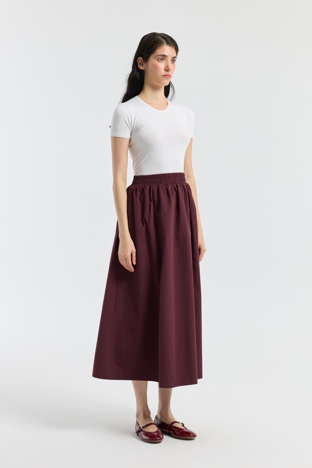 Layza Kloş Poplin Etek - Bordo