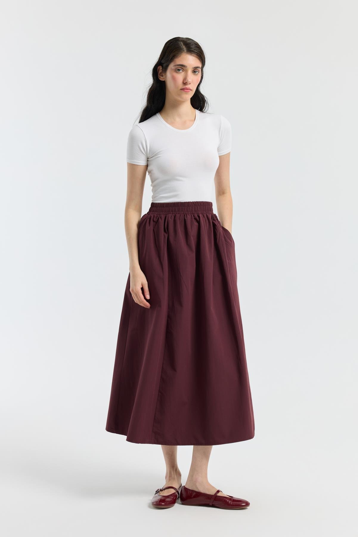 Layza Kloş Poplin Etek - Bordo