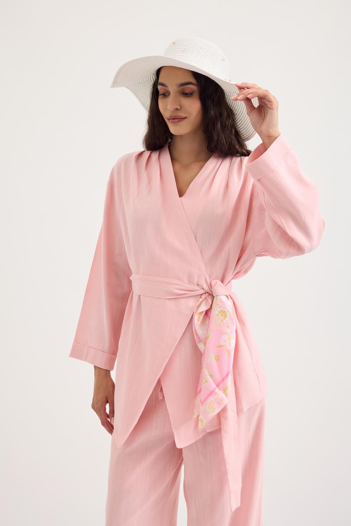 Leila Pileli Kuşaklı Keten Takım - Pembe