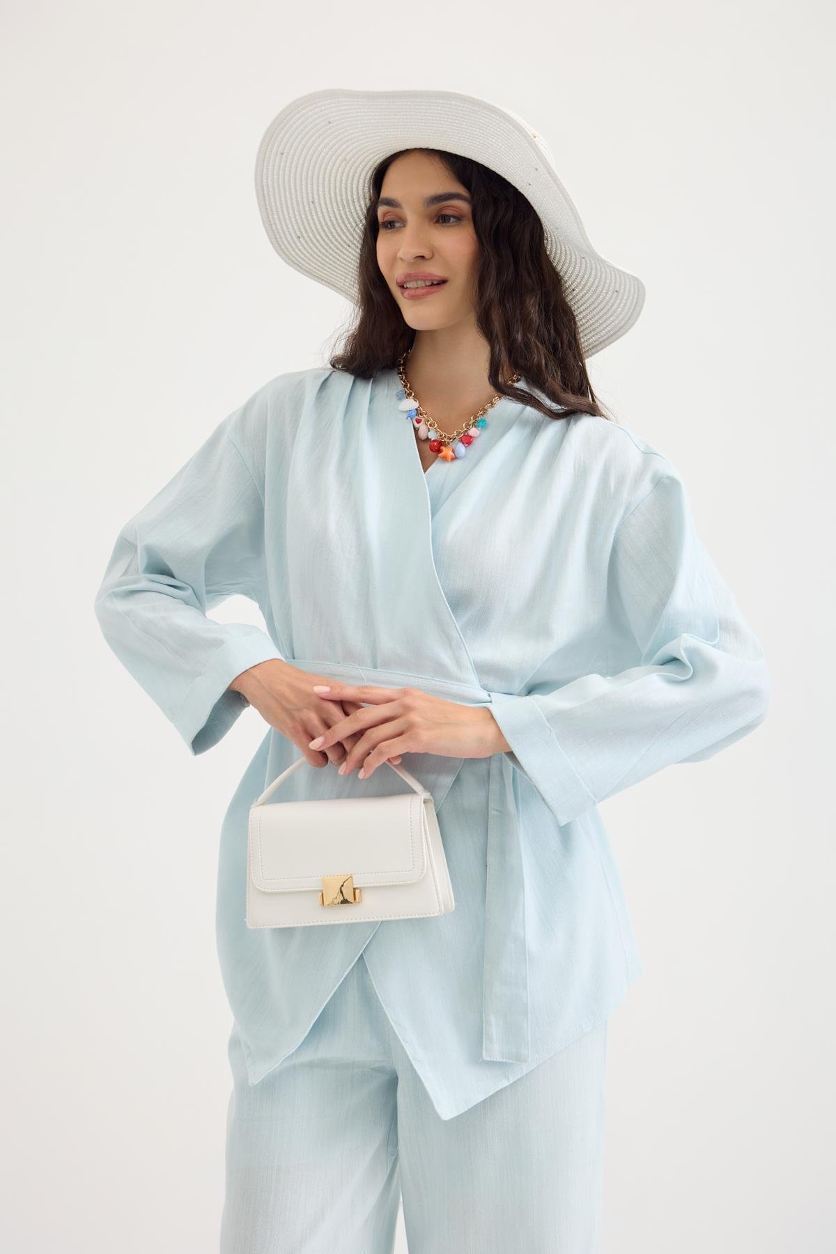 Leila Pileli Kuşaklı Keten Takım - Turkuaz