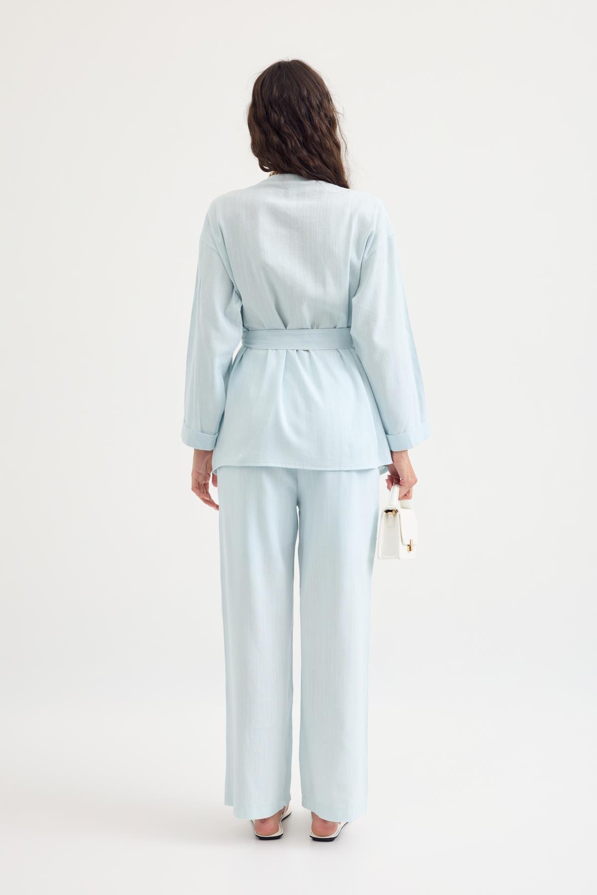 Leila Pileli Kuşaklı Keten Takım - Turkuaz