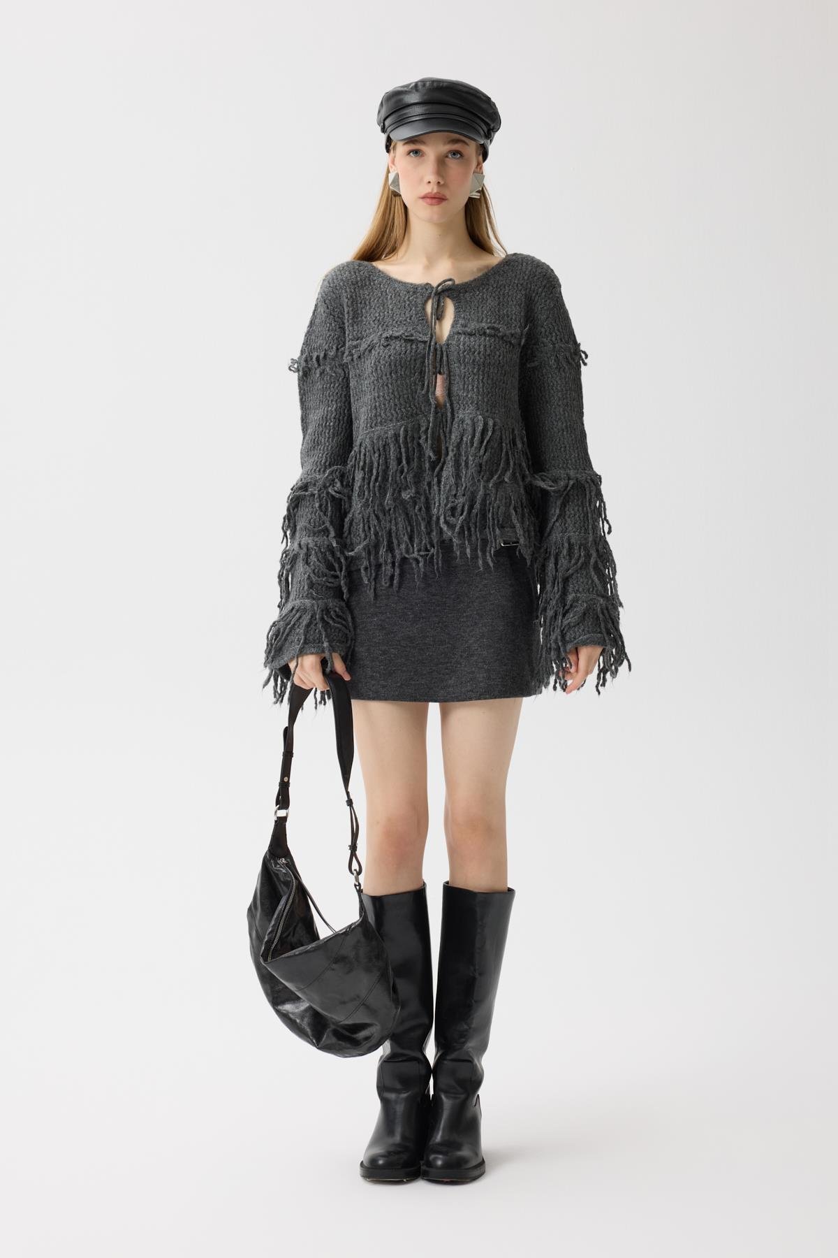 Lena Püsküllü Hırka - Antrasit