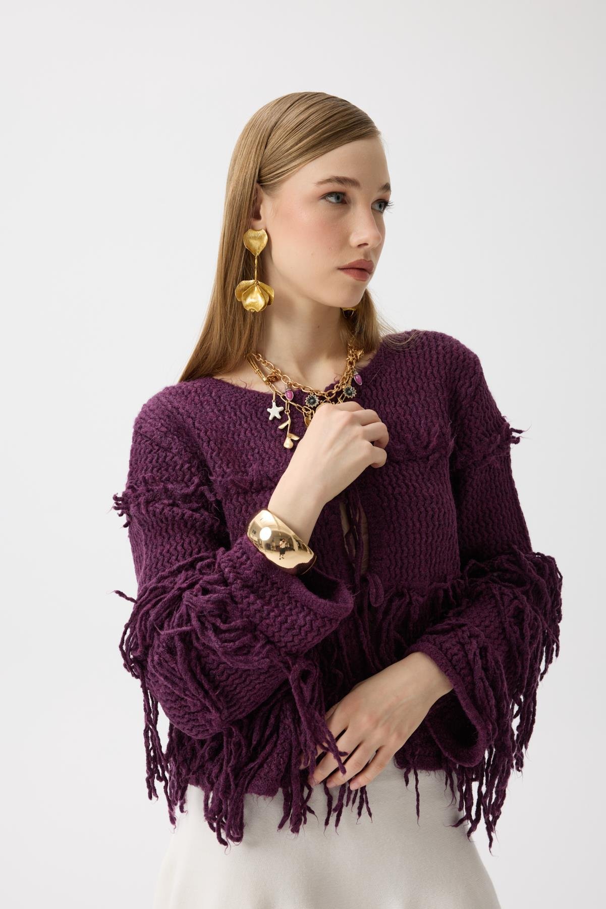 Lena Püsküllü Hırka - Mürdüm 