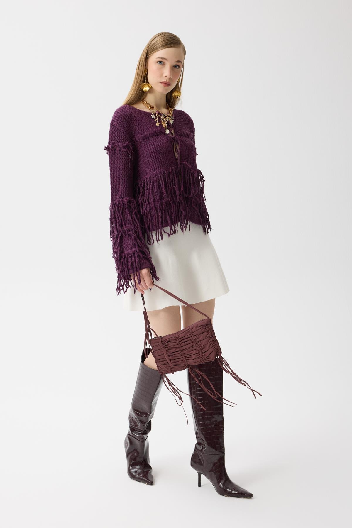 Lena Püsküllü Hırka - Mürdüm 