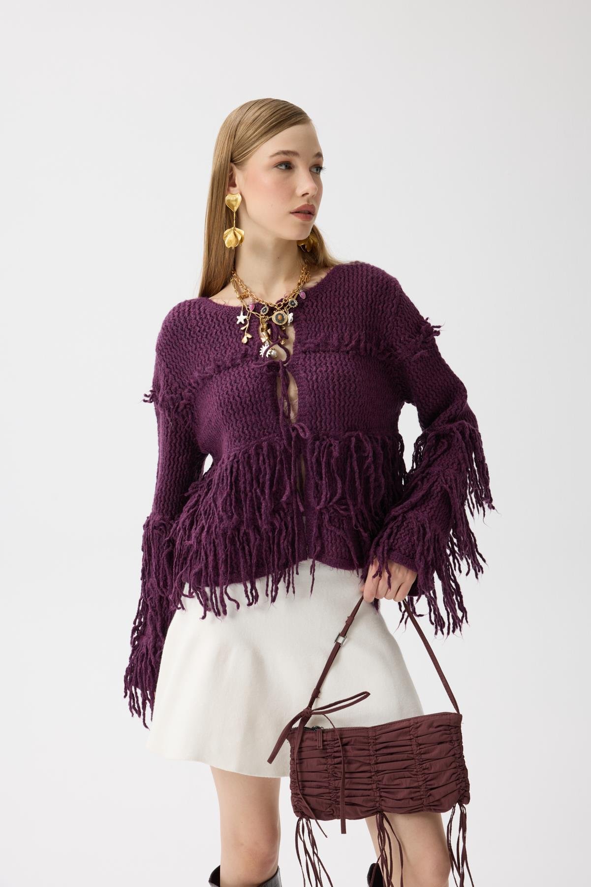 Lena Püsküllü Hırka - Mürdüm 