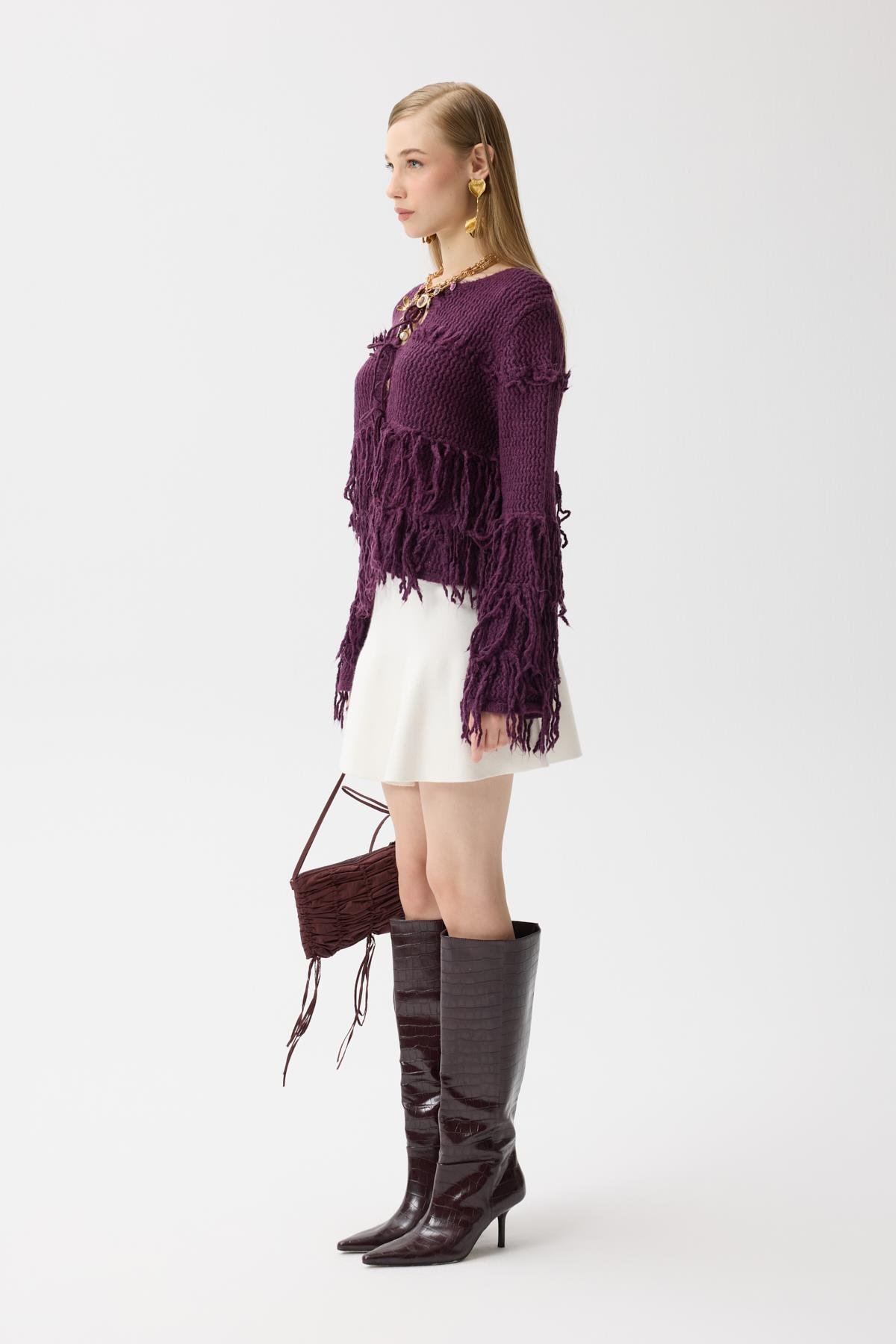 Lena Püsküllü Hırka - Mürdüm 