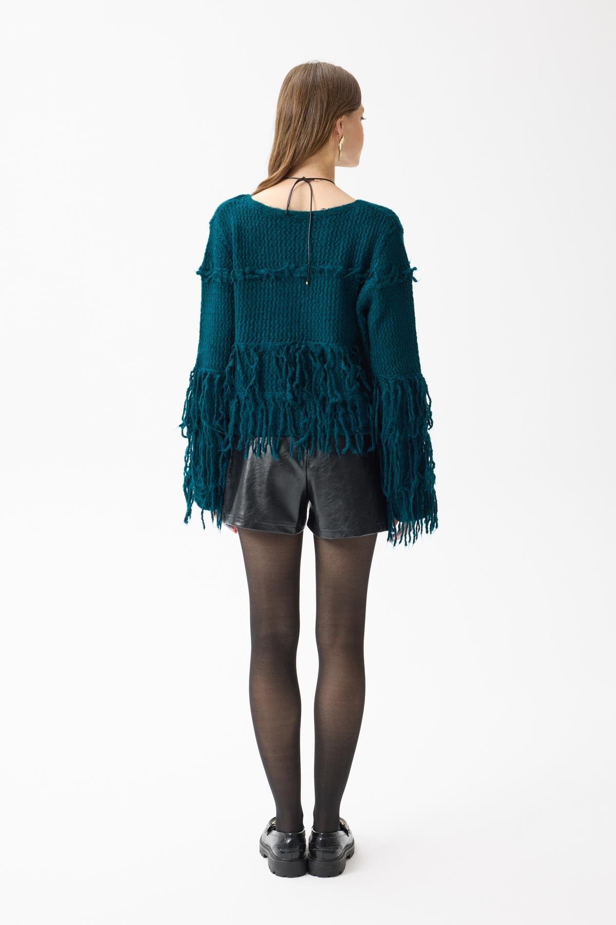 Lena Püsküllü Hırka - Petrol yeşil 