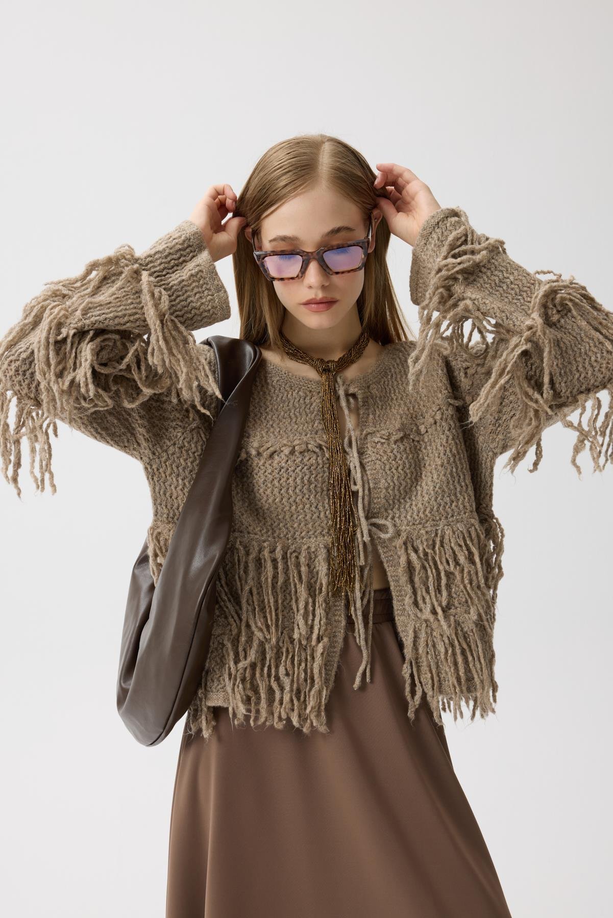 Lena Püsküllü Hırka - Vizon 