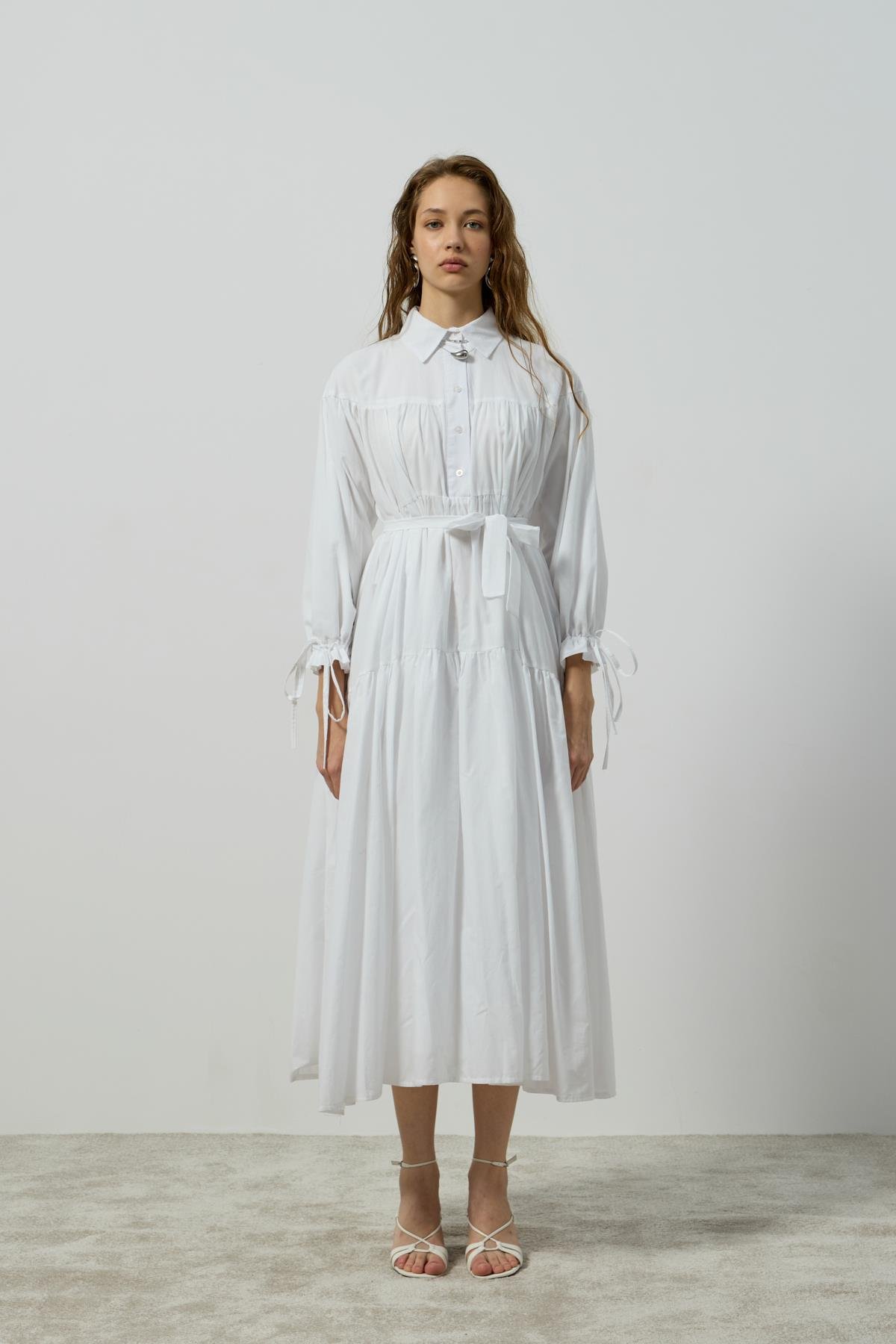 Leona Robalı Oversize Vual Elbise - Beyaz