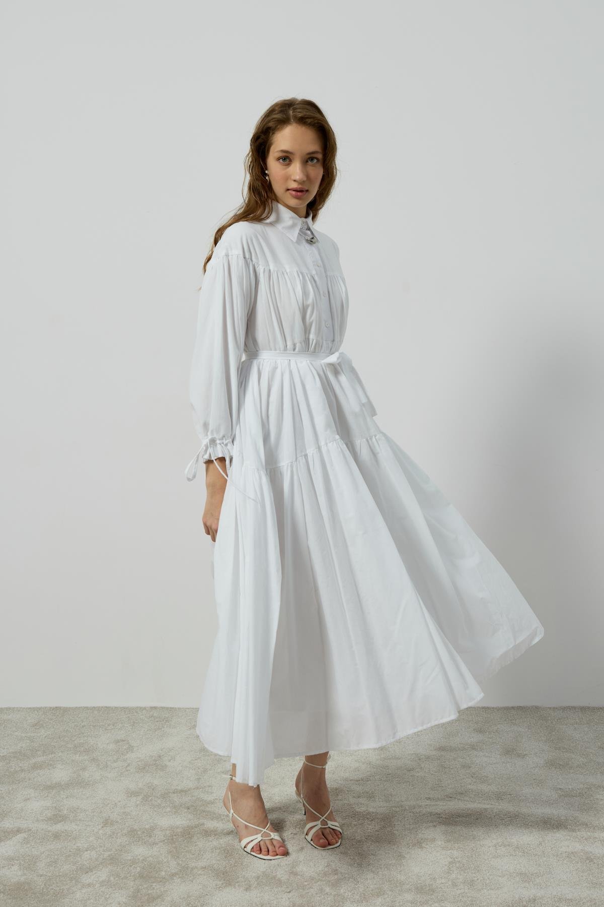 Leona Robalı Oversize Vual Elbise - Beyaz