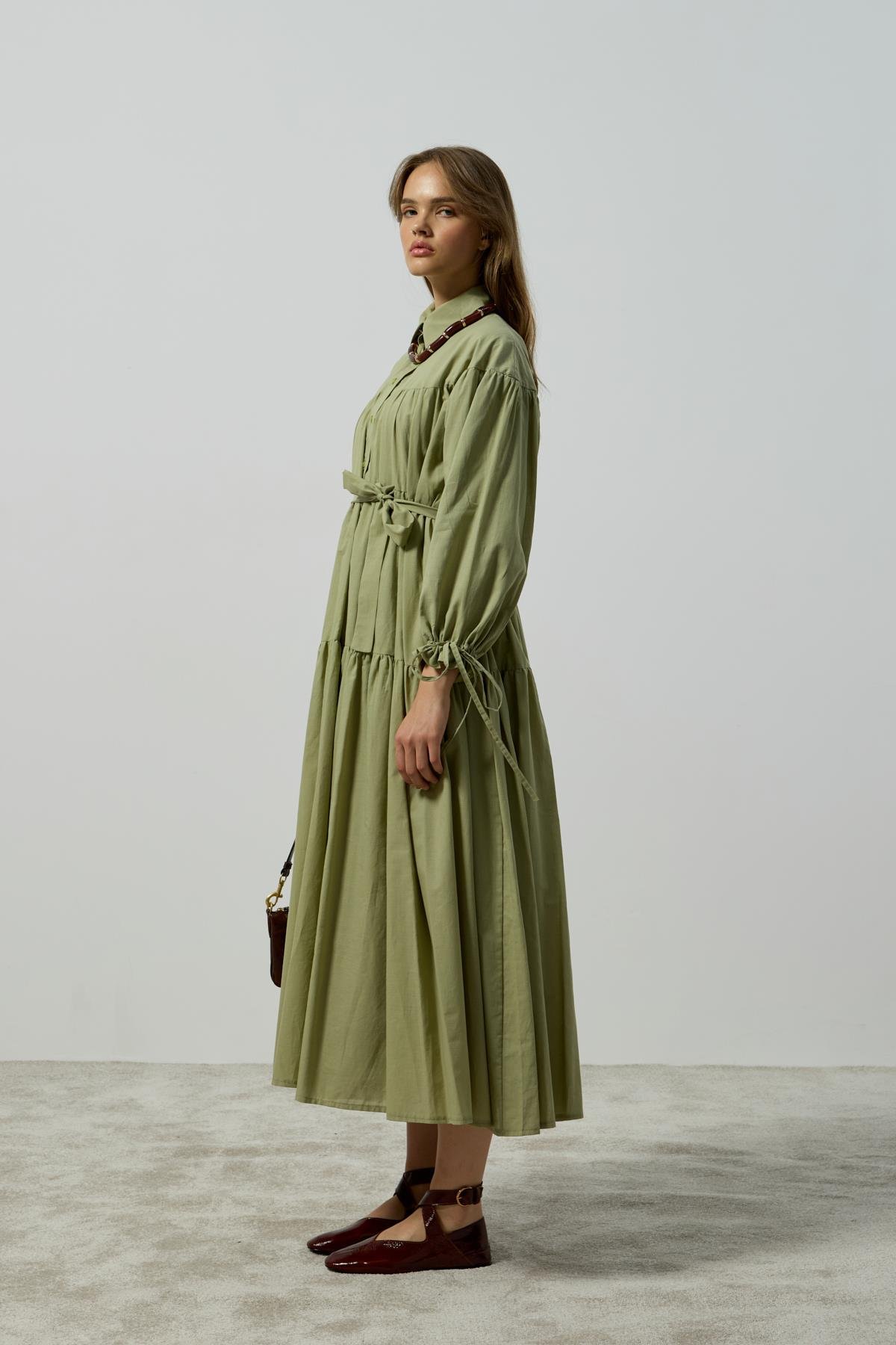 Leona Robalı Oversize Vual Elbise - Çağla