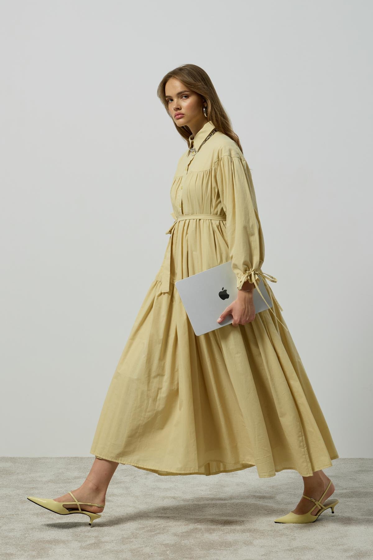 Leona Robalı Oversize Vual Elbise - Pastel Sarı
