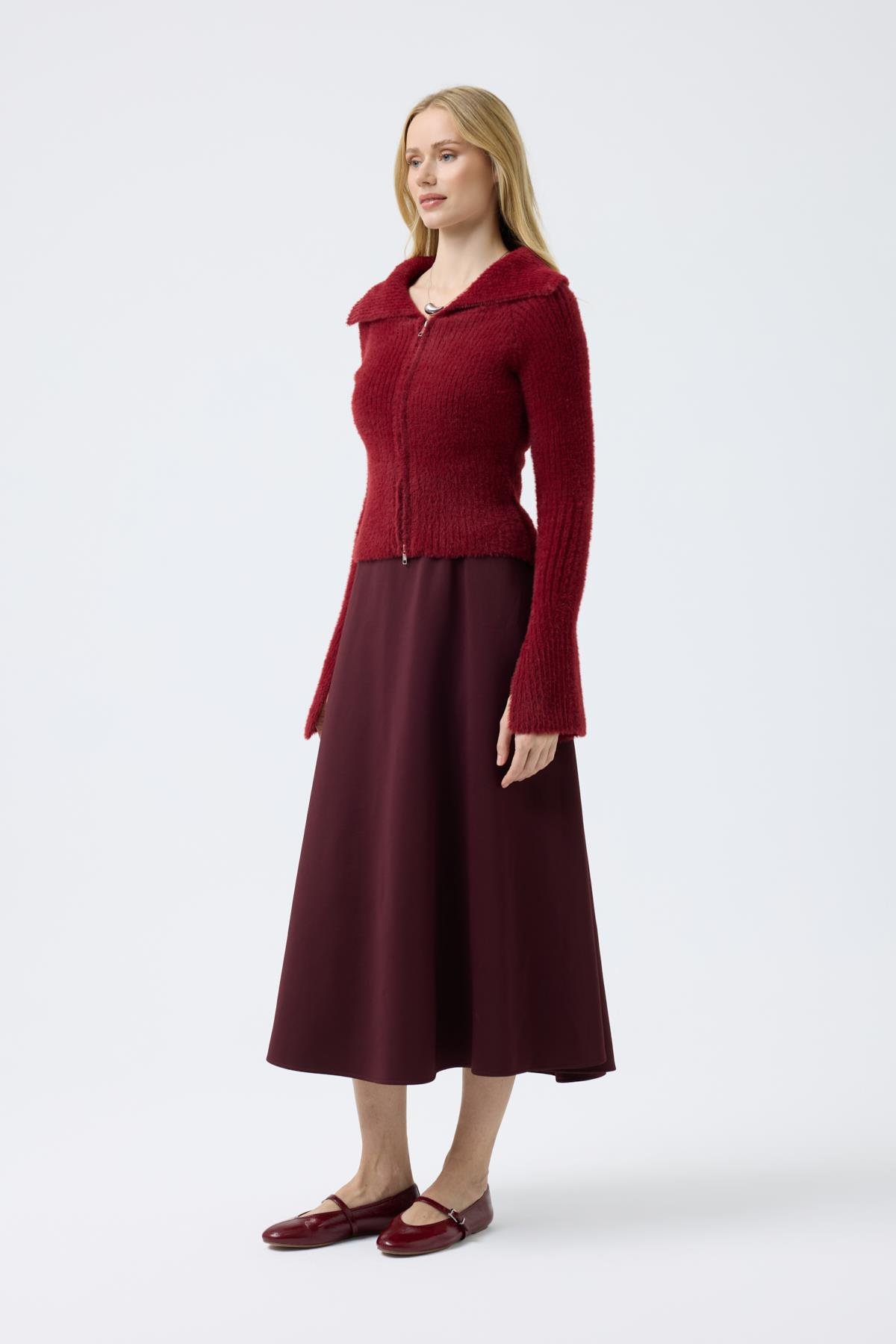 Lexa Denizci  Yaka Fermuarlı Hırka - Bordo 