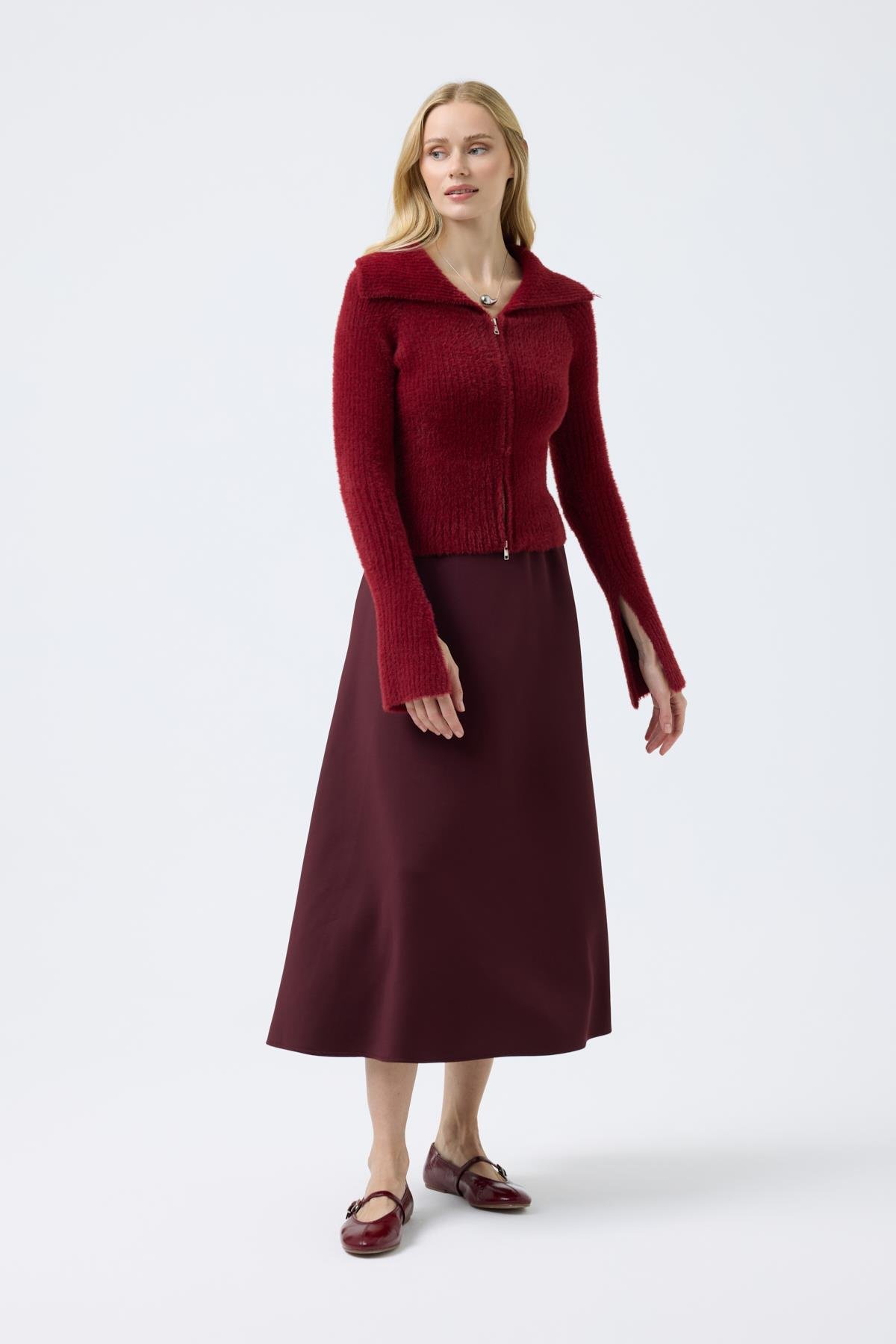 Lexa Denizci  Yaka Fermuarlı Hırka - Bordo 