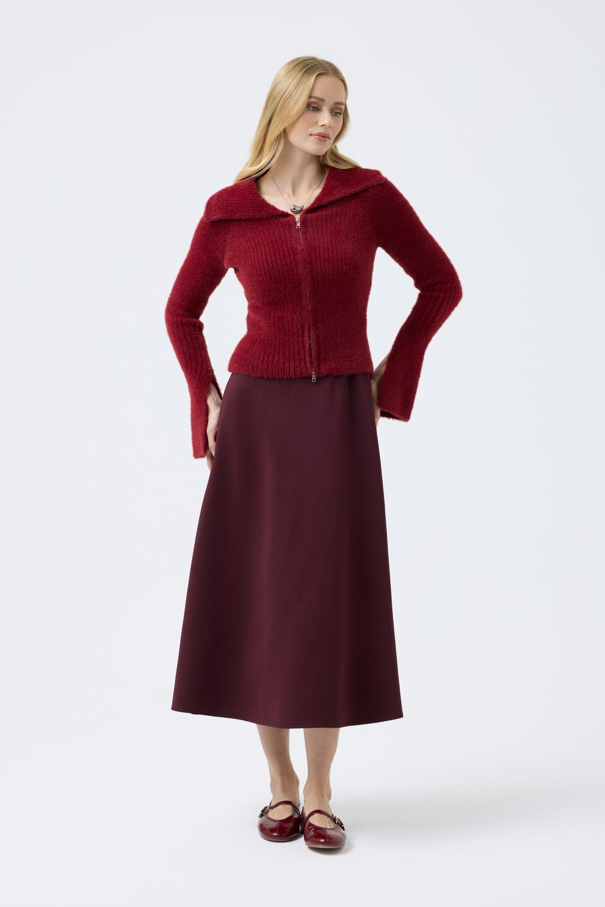 Lexa Denizci  Yaka Fermuarlı Hırka - Bordo 