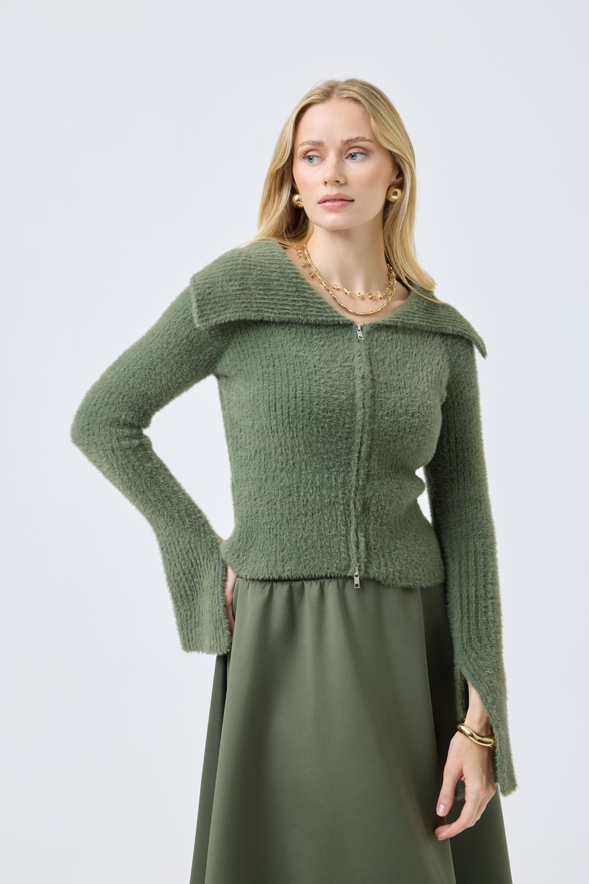 Lexa Denizci  Yaka Fermuarlı Hırka - Haki 