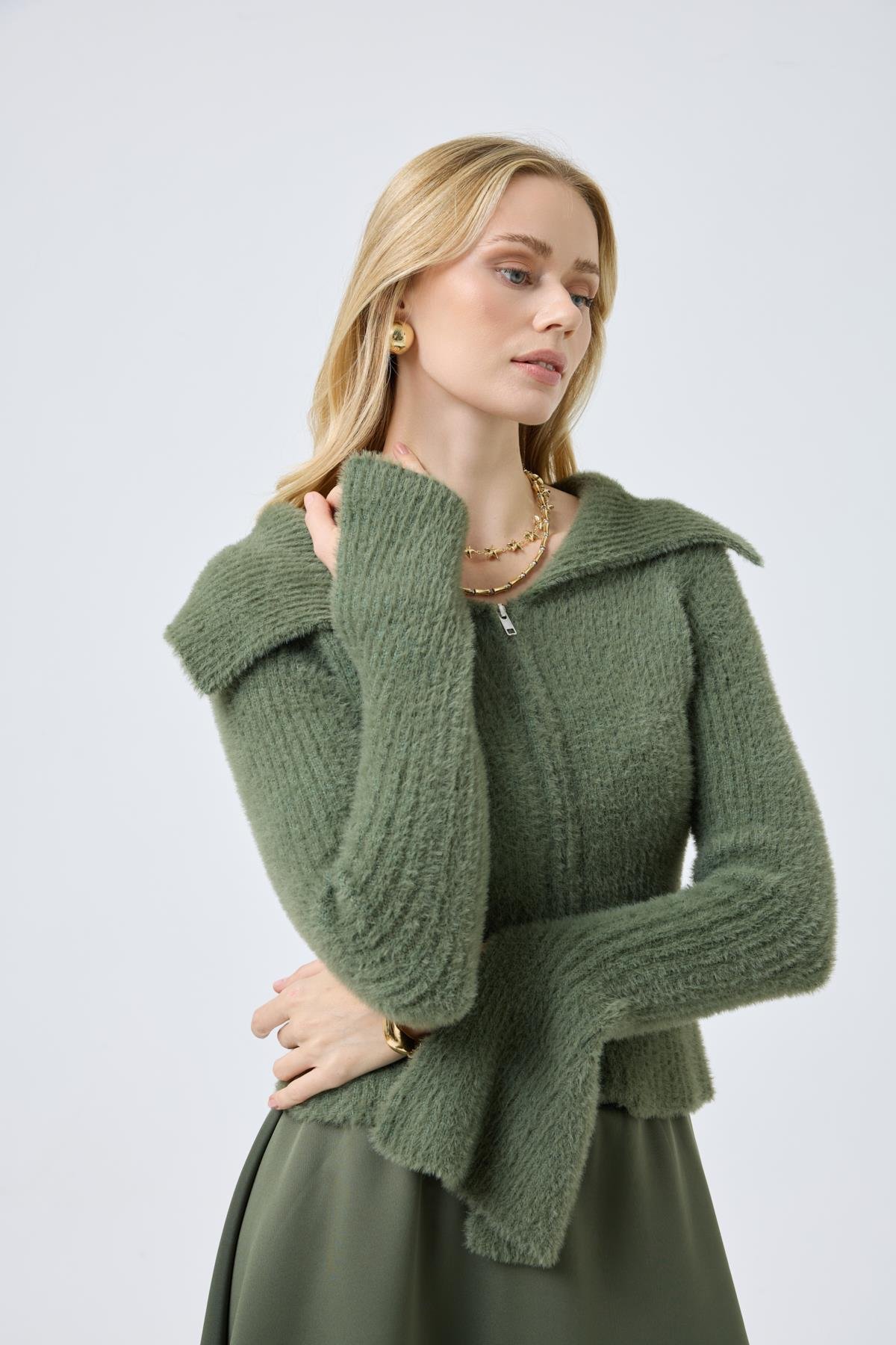 Lexa Denizci  Yaka Fermuarlı Hırka - Haki 