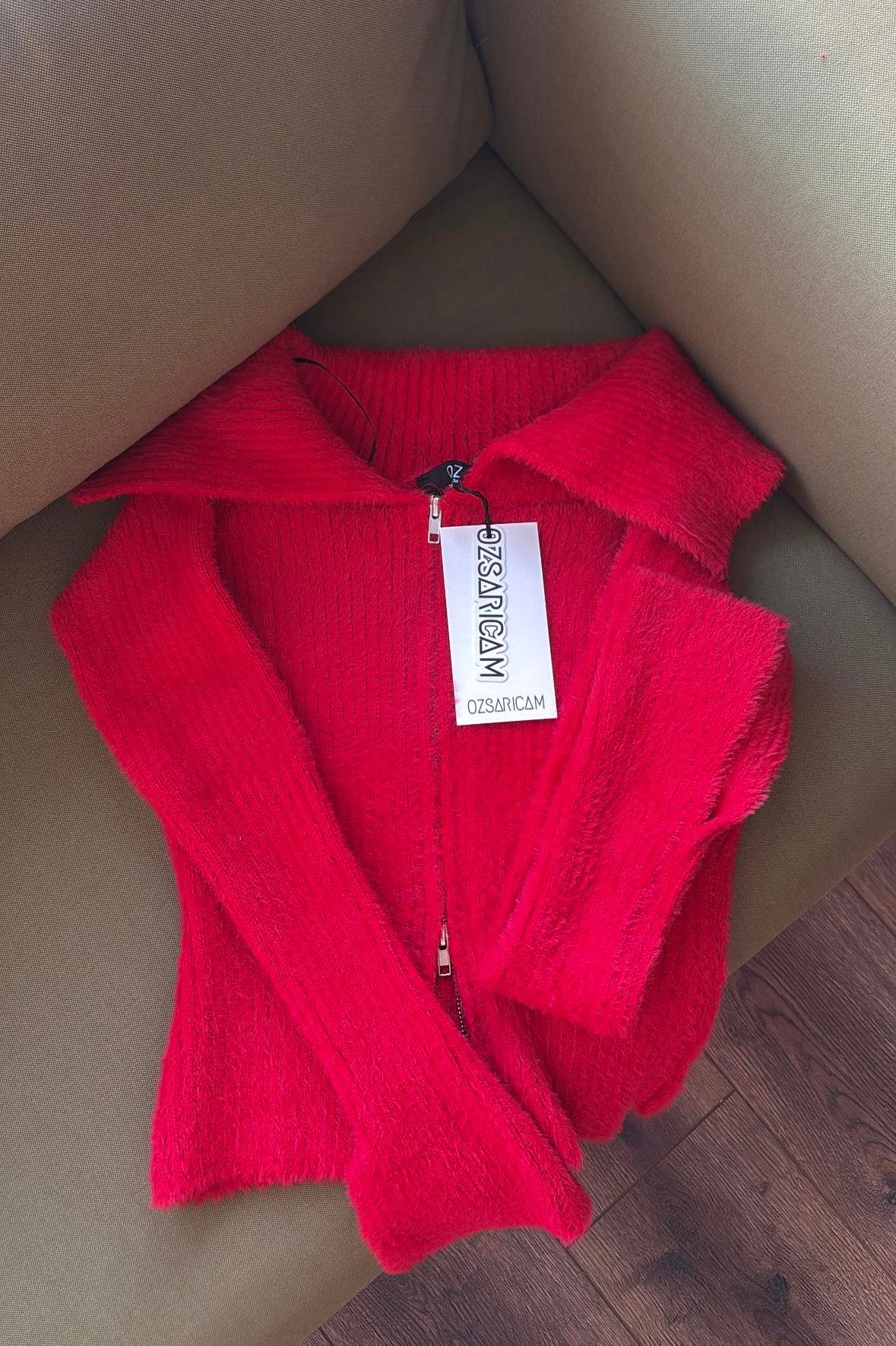 Lexa Denizci Yaka Fermuarlı Hırka - Kırmızı