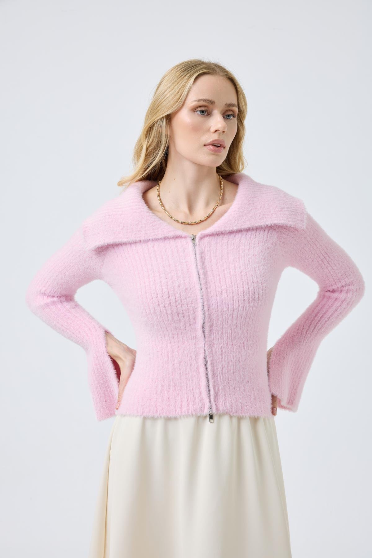 Lexa Denizci  Yaka Fermuarlı Hırka - Pembe 