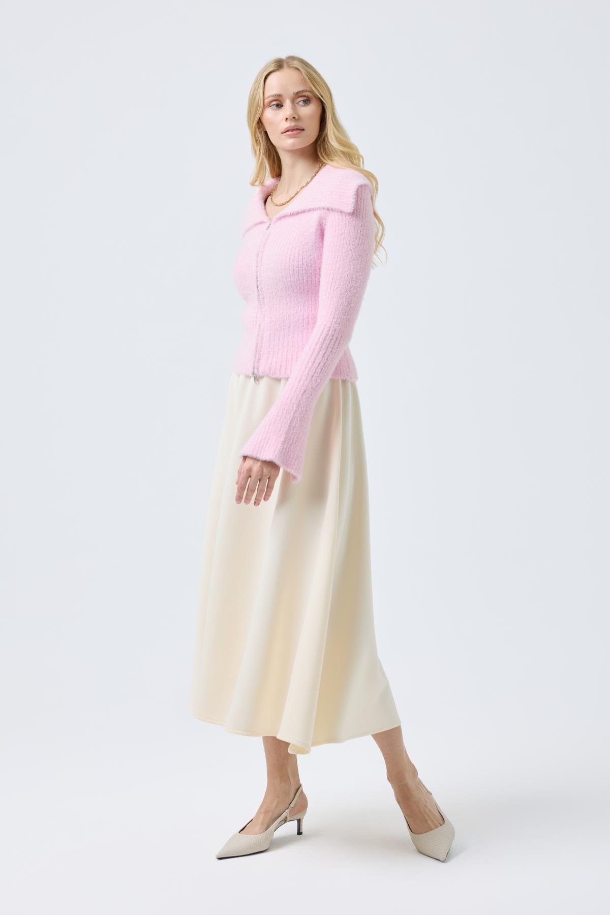 Lexa Denizci  Yaka Fermuarlı Hırka - Pembe 