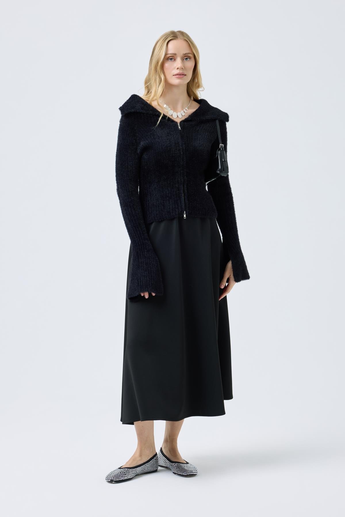 Lexa Denizci  Yaka Fermuarlı Hırka - Siyah 