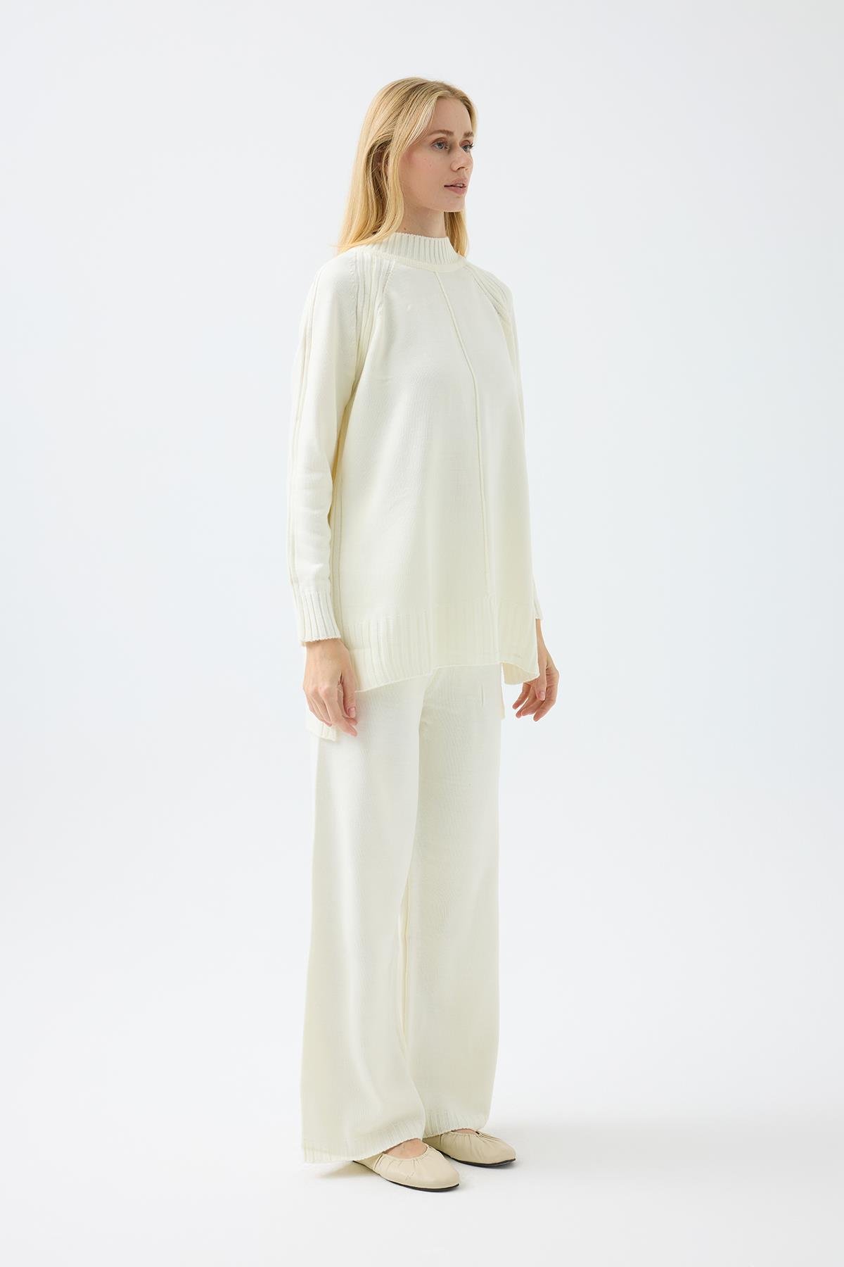Lilie Nervürlü Triko Takım - Ekru 